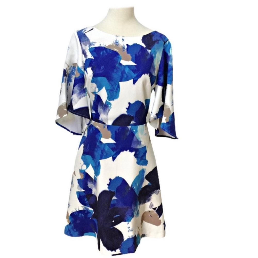 NWT Belle Badgley Mischka Edyta Blue Dress Flutter Sleeve